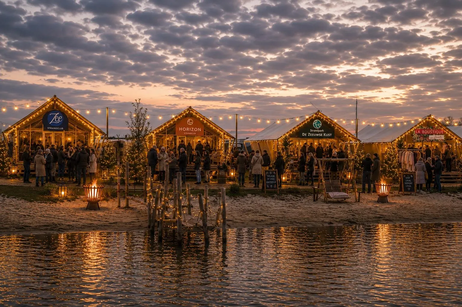 Bezoekers bij de verlichte stands, weerspiegeld in het water