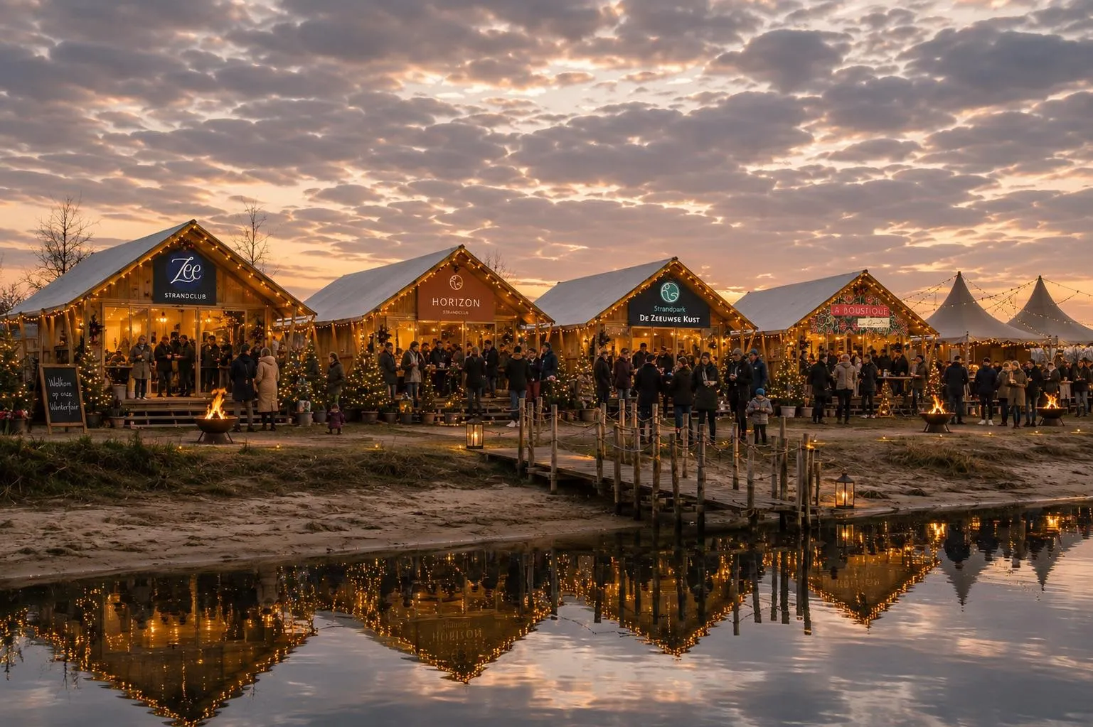 Bezoekers bij de verlichte winterfair-stands en vuurkorven aan het water bij schemering