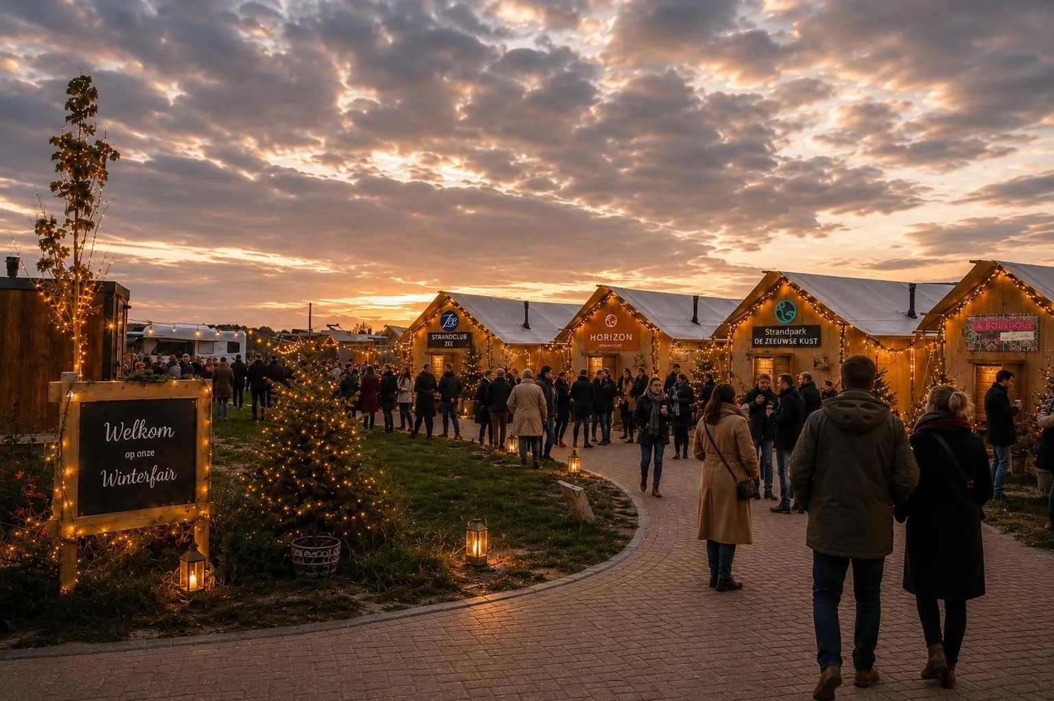 Bezoekers wandelen bij zonsondergang het sfeervol verlichte winterfair-terrein op